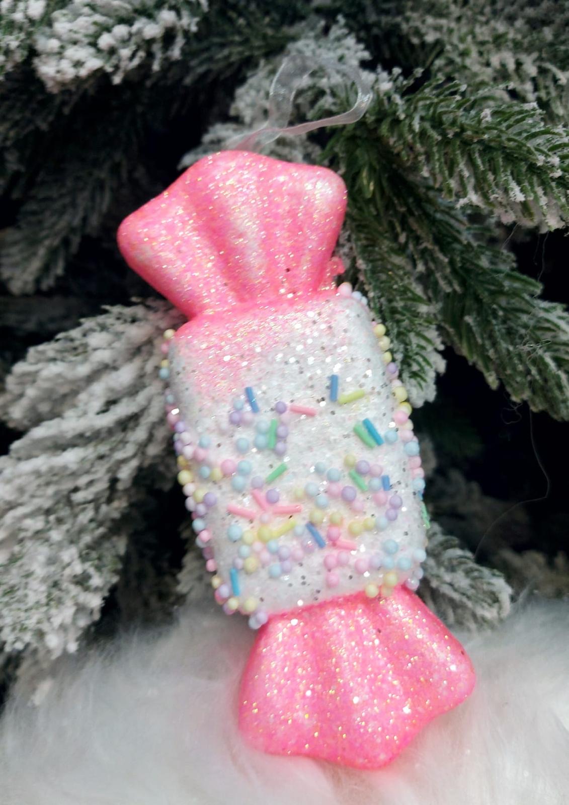 Bomboană decorativă Crăciun roz pastel – 14cm set 10 bucăți
