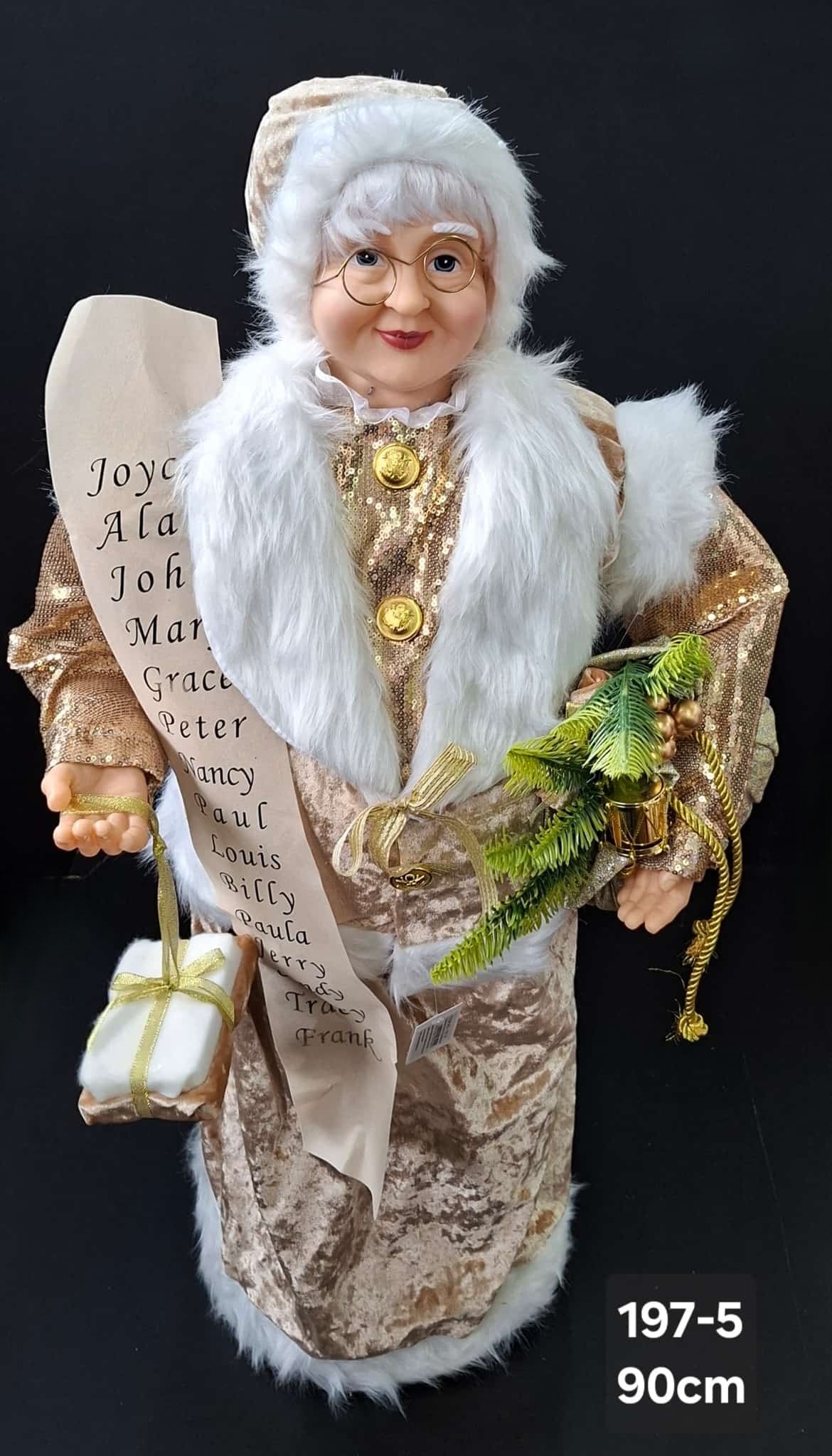 Figurină decorativă Doamna Crăciun aurie – Mrs. Claus elegantă 90cm