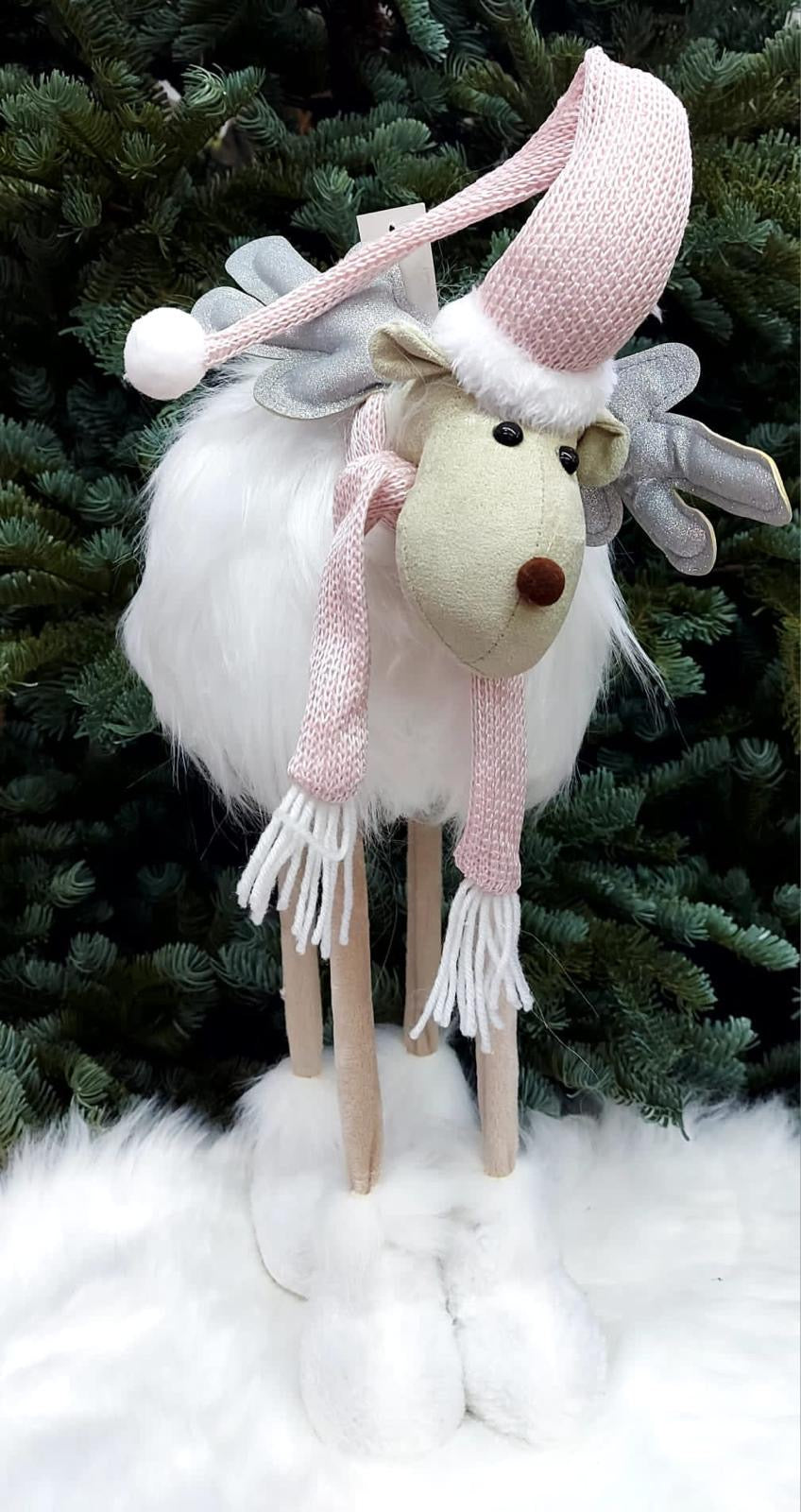 Ren Decorativ de Crăciun cu caciula Roz Tricotată și Blăniță Albă – 50cm