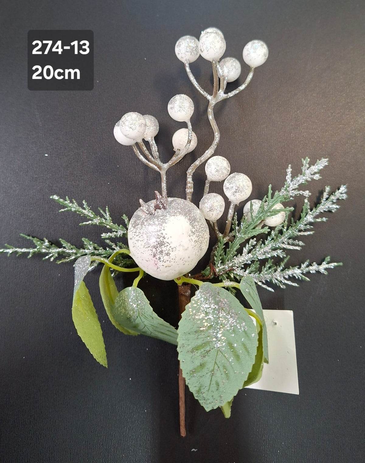 Crenguță artificială de Crăciun alb-argintiu cu fructe - 20cm 10/set