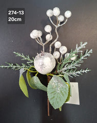 Crenguță artificială de Crăciun alb-argintiu cu fructe - 20cm 10/set