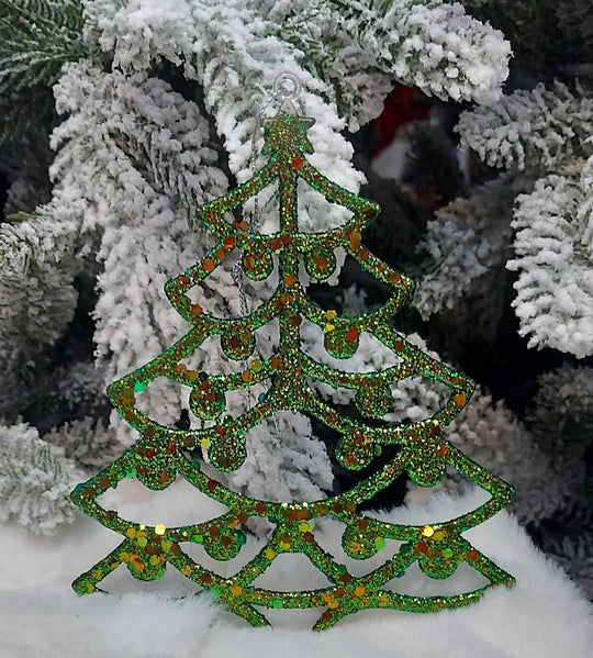 Brăduți decorativi verde cu sclipici – set 10 bucăți
