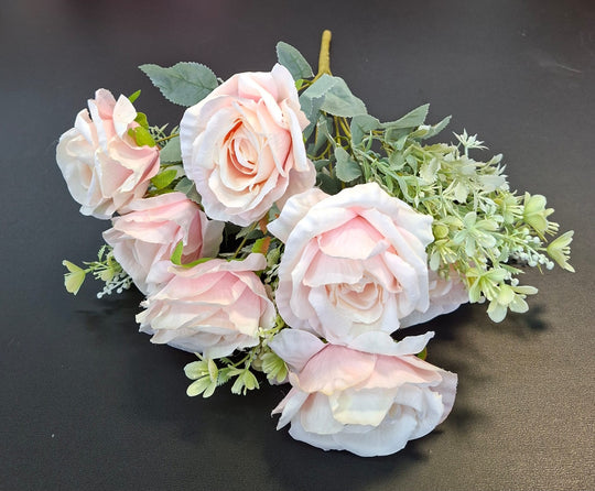 Buchet artificial 7 trandafiri roz pal, flori mari - decor elegant, 47cm