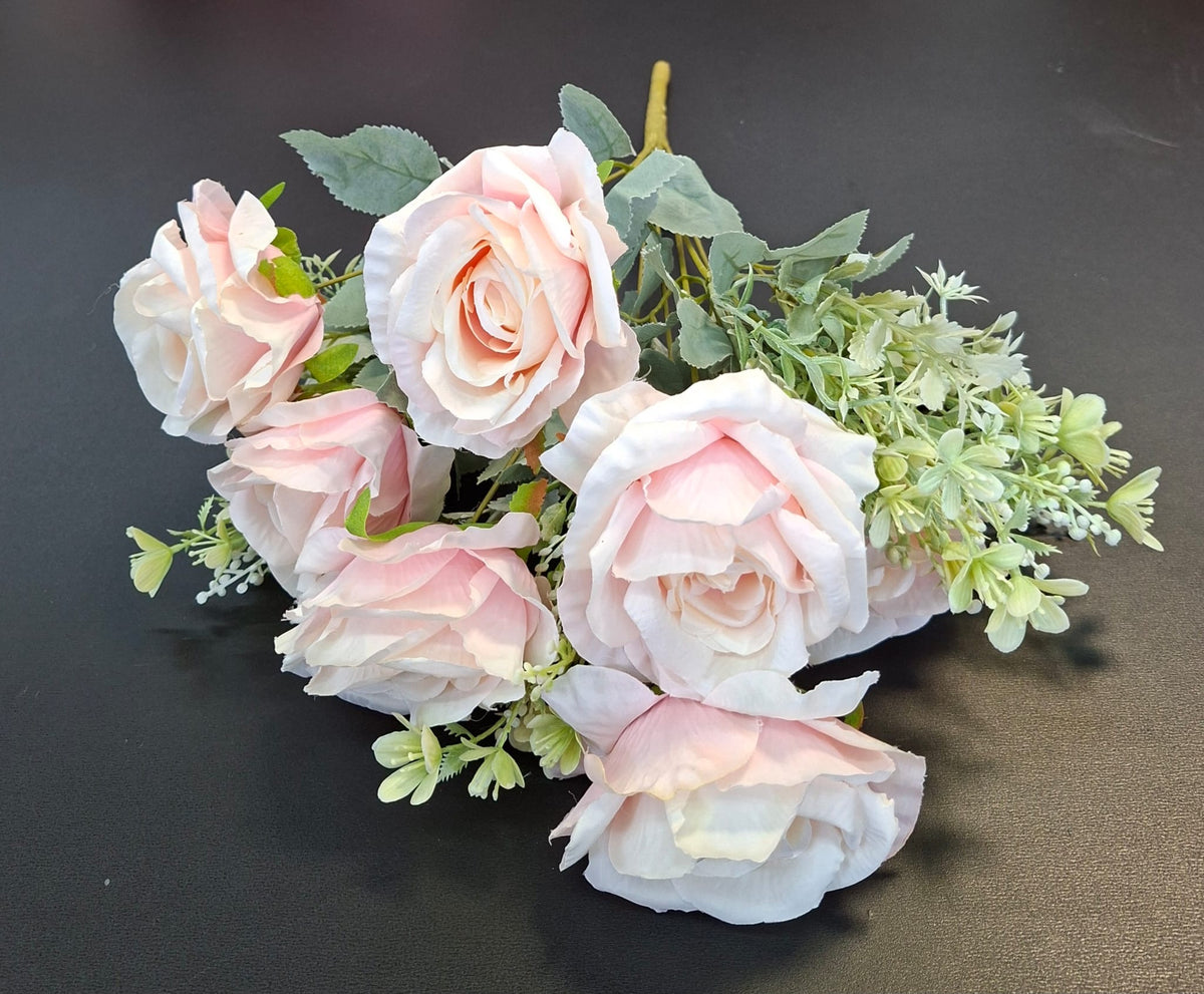 Buchet artificial 7 trandafiri roz pal, flori mari - decor elegant, 47cm