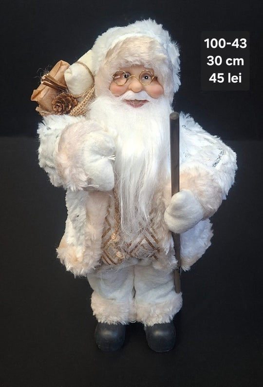 Moș Crăciun decorativ, costum alb-crem, sac și toiag -  30cm