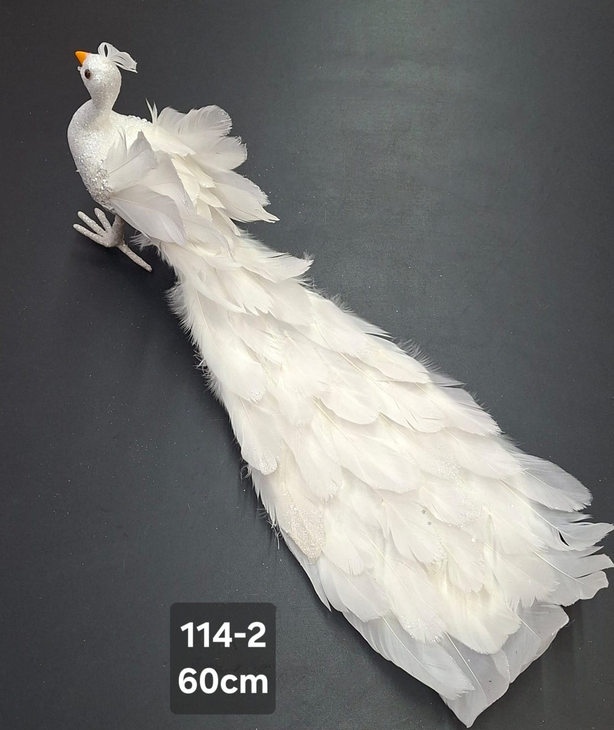 Păun Decorativ Alb cu Pene și Sclipici – 60cm | Ornament Elegant de Crăciun