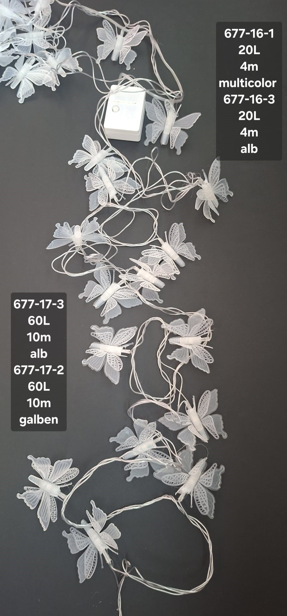 Instalație Luminoasă de Crăciun cu Fluturi Decorativi, 20 LED-uri – 4 Metri / 60 LED-uri – 10 Metri, Multicolor / Galben Cald / Alb Rece