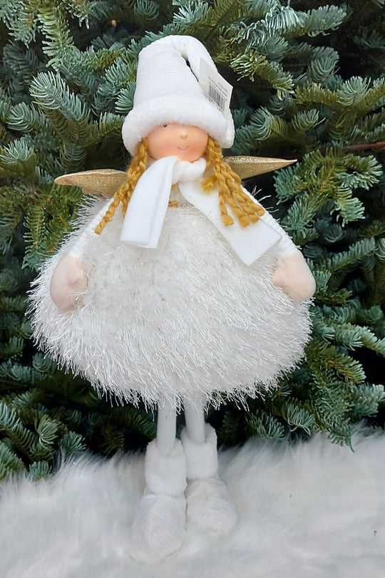 Figurină Îngeraș Decorativ Alb cu Aripi Aurii și Rochie Pufoasă – 40cm