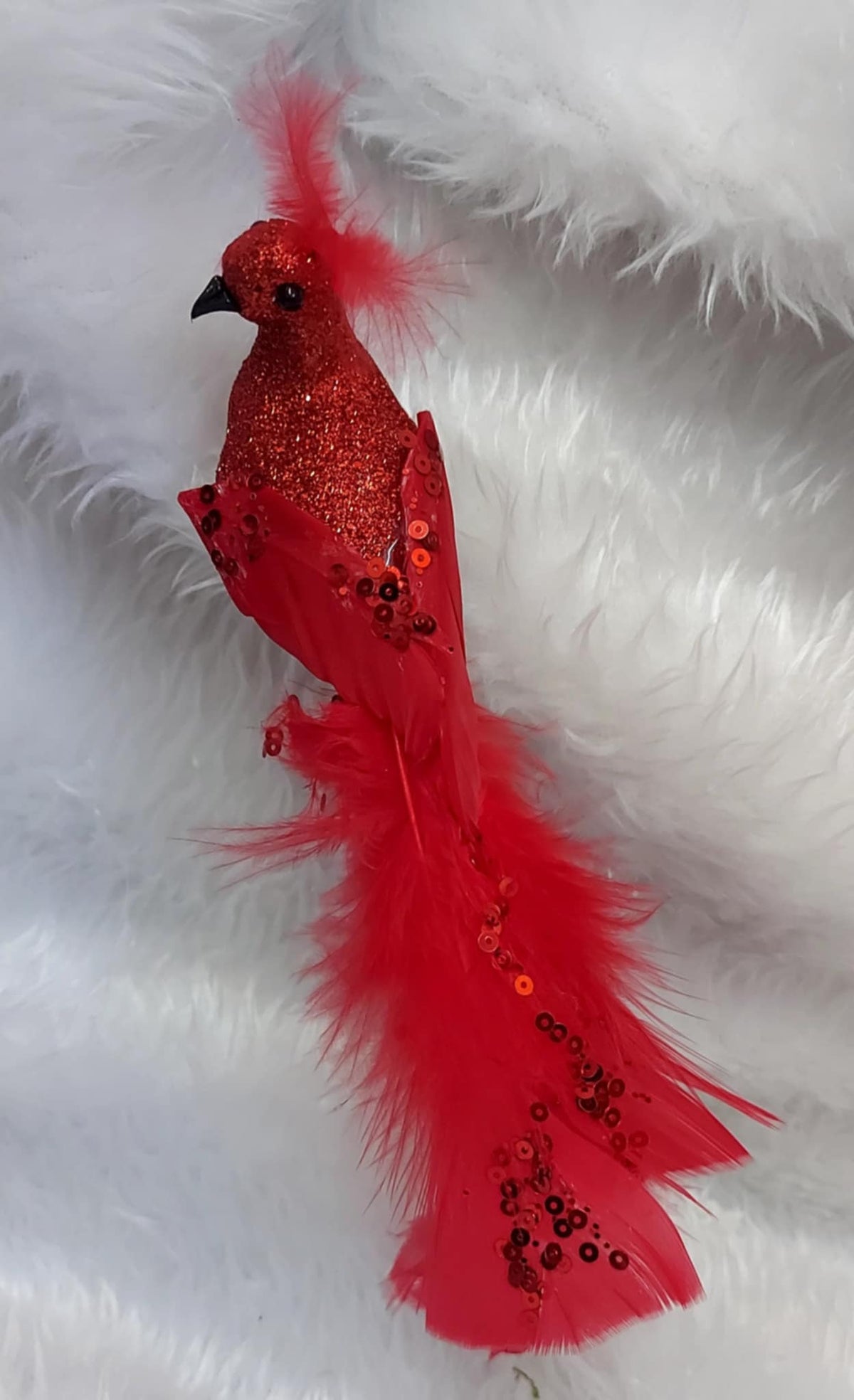 Ornament Crăciun Pasăre Roșie cu Coada Lungă și Pene - 10cm 10/set