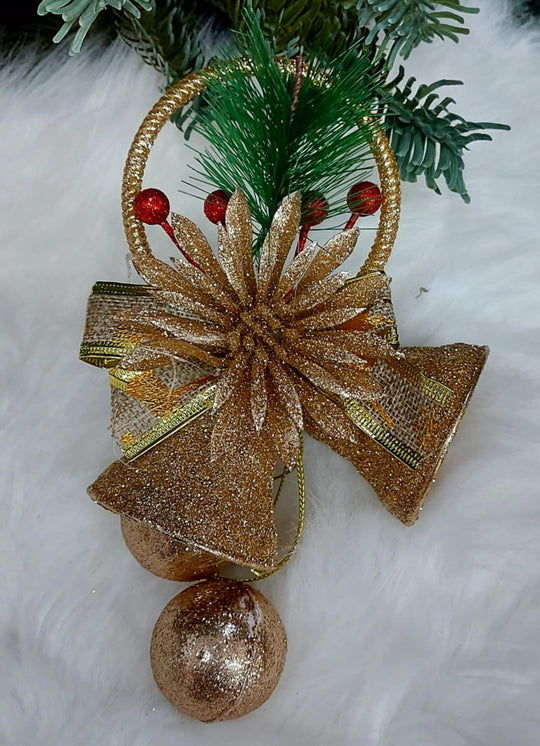 Ornament Crăciun Clopoței Aurii cu Fundă și Globuri - 10/set