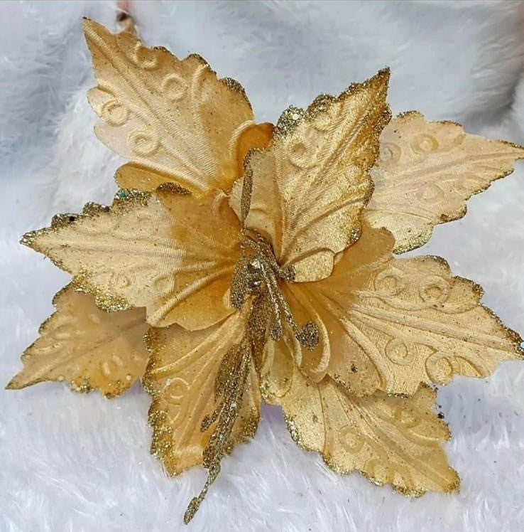 Flori Crăciun aurii cu sclipici și model embosat - 10/set