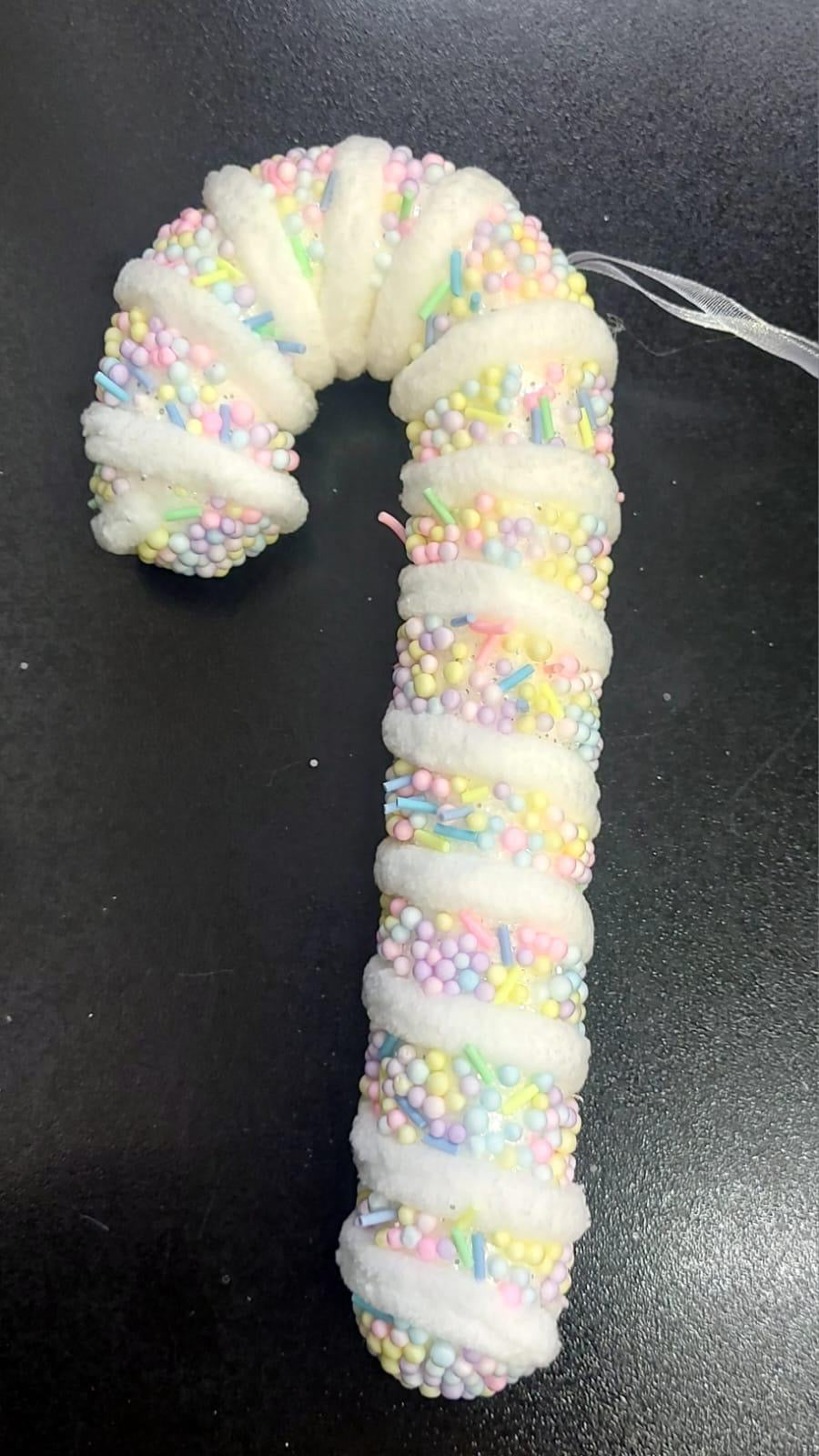 Baston decorativ Crăciun alb pastel cu mărgele colorate – 18cm 10/set