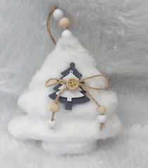 Ornament Crăciun brăduț pufos alb cu fundiță și mărgele din lemn - 13cm