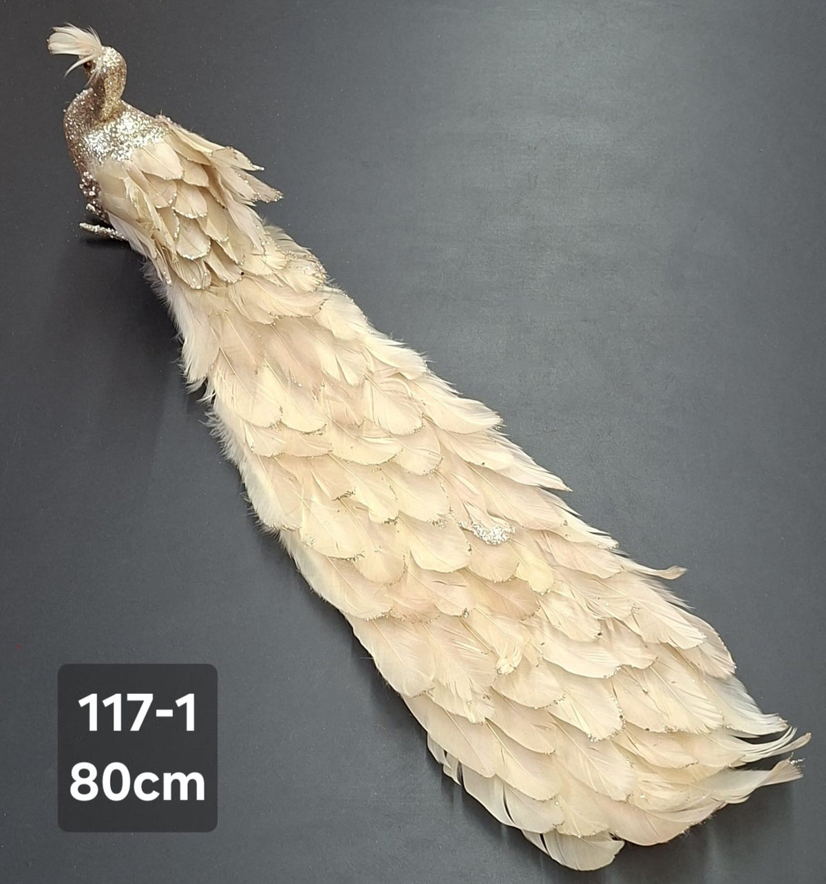 Păun Decorativ Șampanie cu Auriu și Pene Elegante – 80cm | Ornament de Crăciun Premium