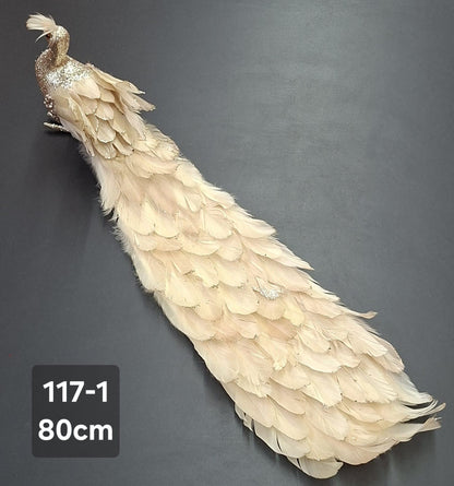 Păun Decorativ Șampanie cu Auriu și Pene Elegante – 80cm | Ornament de Crăciun Premium