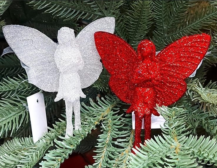 Set 12 ornamente de Crăciun în formă de înger cu aripi, cu sclipici – Alb sau Roșu - 10cm