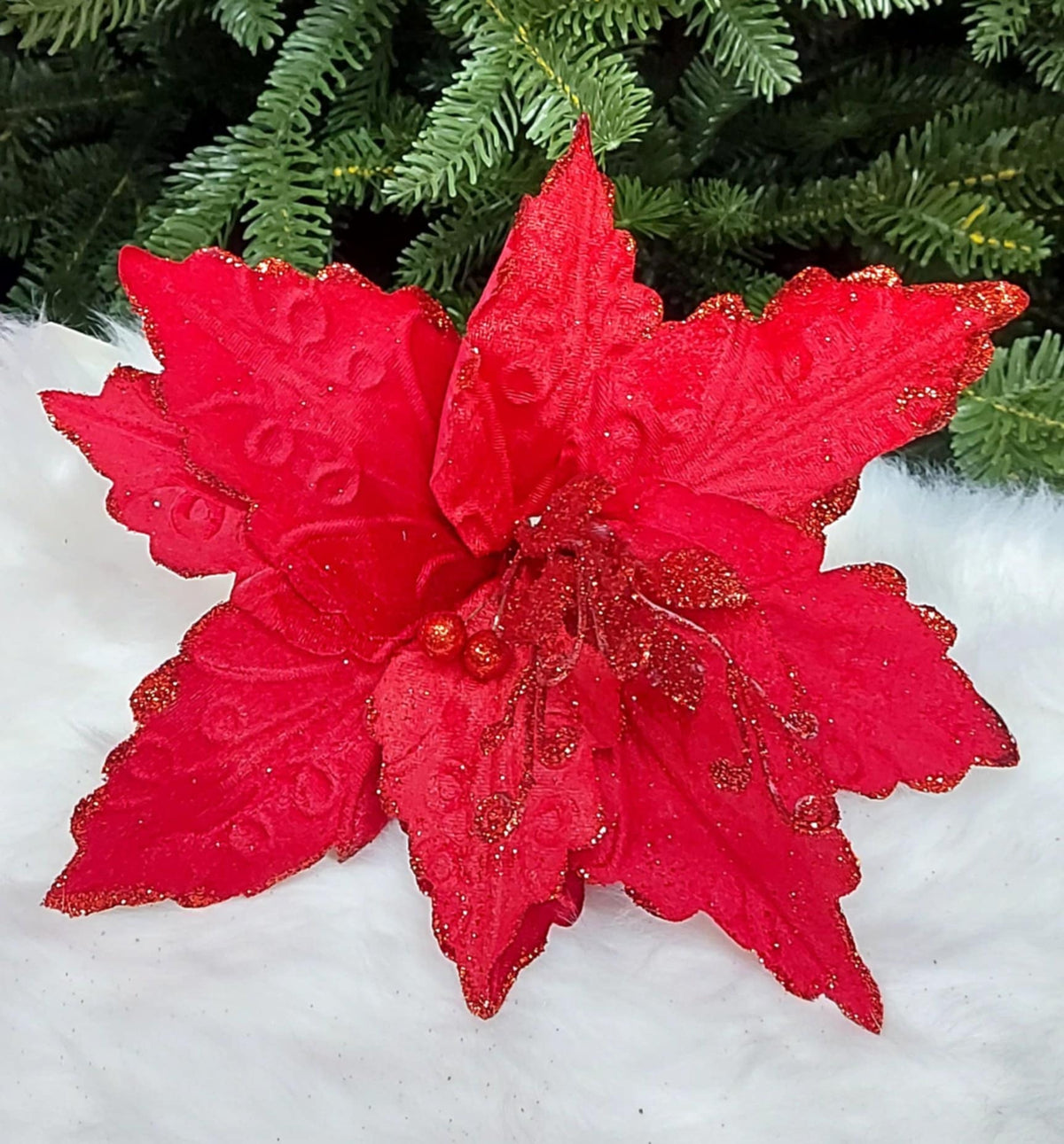 Flori Crăciun roșii cu sclipici - set 10 bucăți