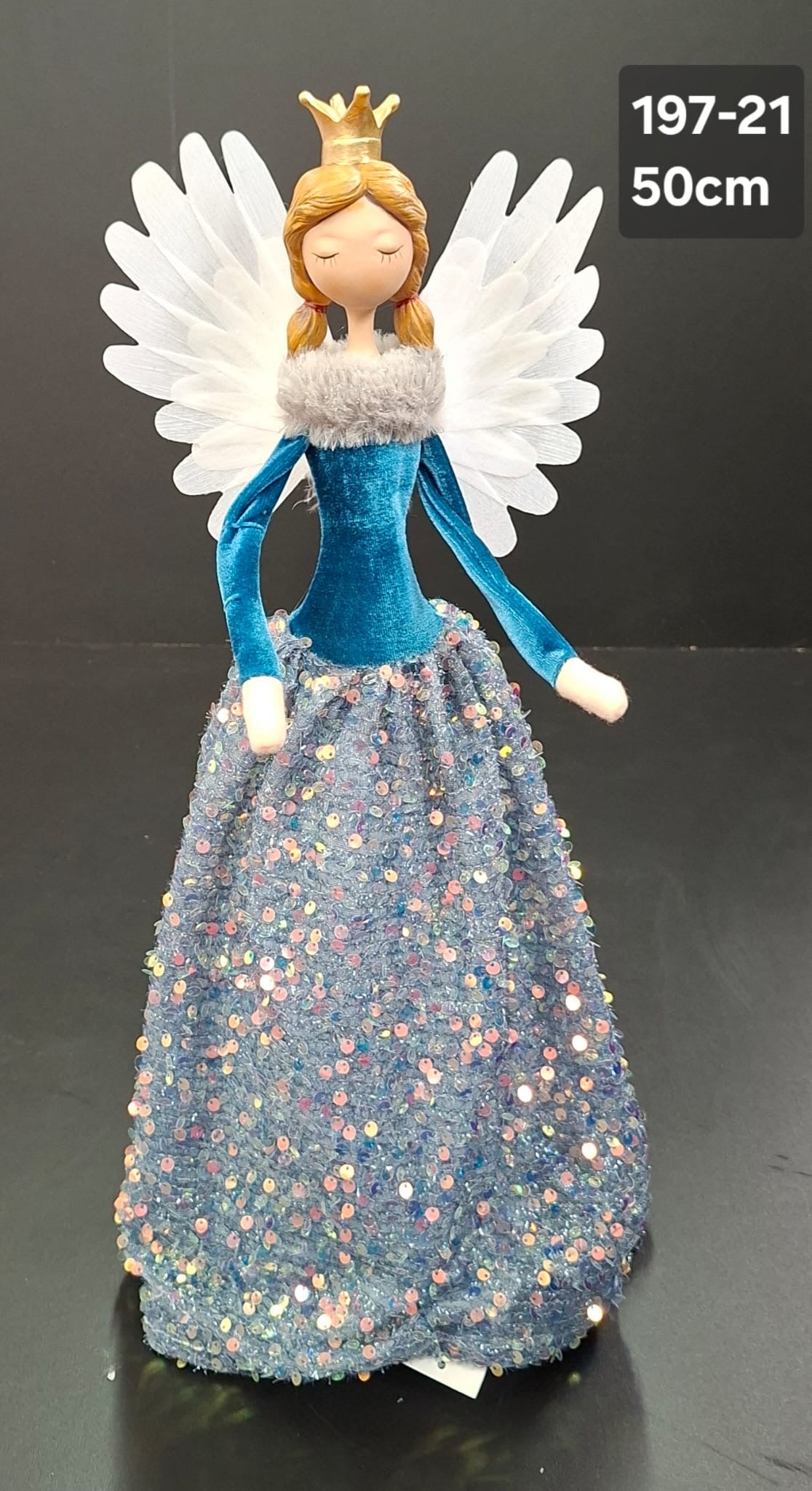 Îngeraș decorativ albastru cu coroană aurie și aripi - 50cm