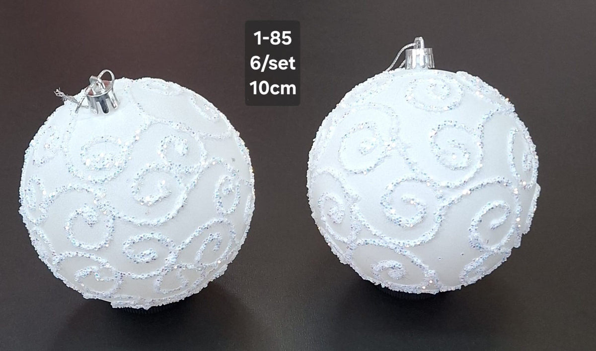 Set 6 Globuri de Crăciun Albe cu Model Spiralat și Sclipici Iridescent - 10cm