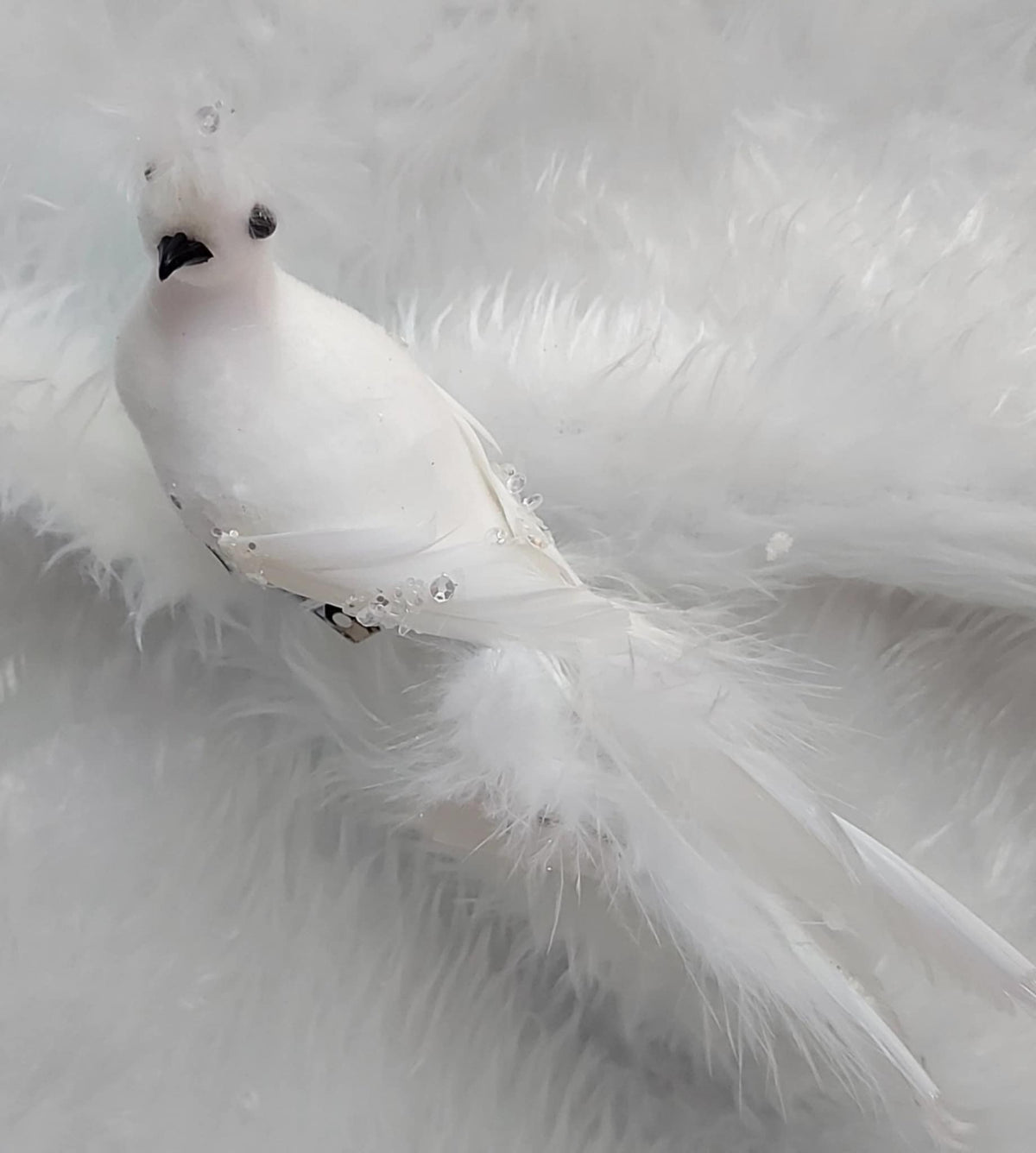 Ornament Crăciun Pasăre Albă cu Coada Lungă și Pene 10cm 10/set