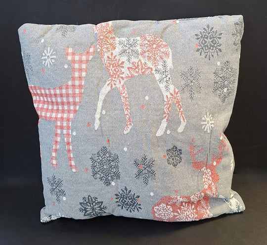 Pernă decorativă gri cu reni și fulgi de zăpadă - 45x45cm