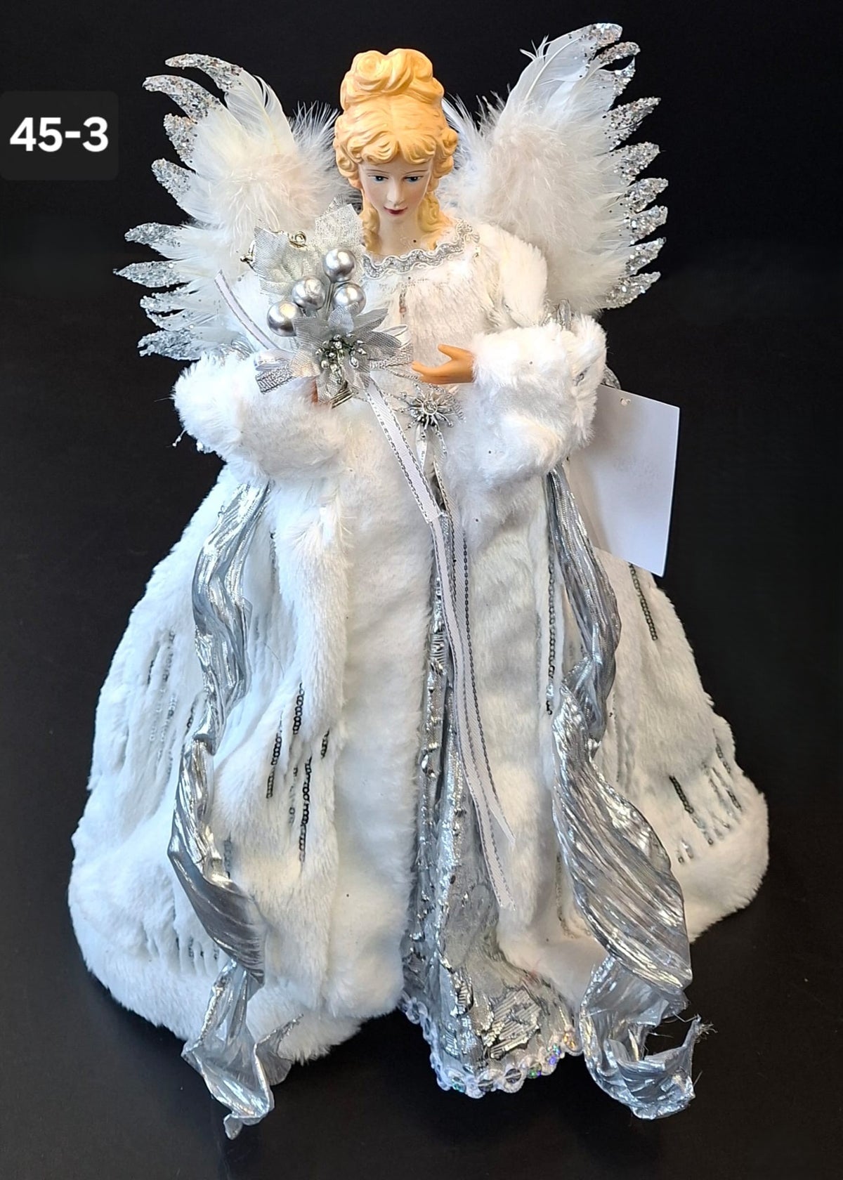 Înger decorativ alb-argintiu vârf de brad Crăciun - 44cm