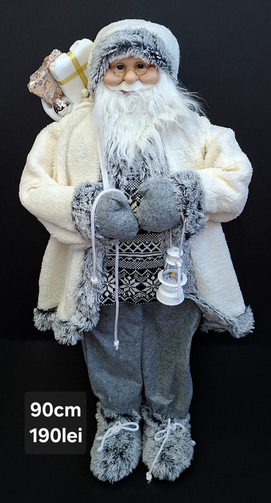 Moș Crăciun decorativ, costum alb-gri cu felinar și sac de cadouri -  90cm