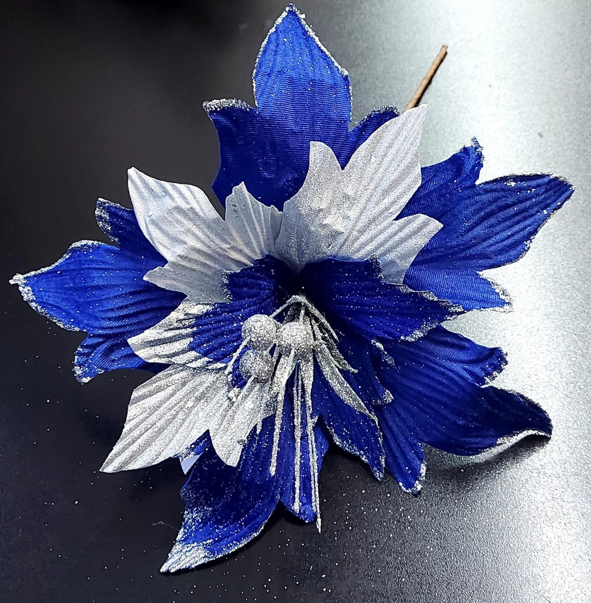 Flori Crăciun albastre și argintii cu sclipici 10/set