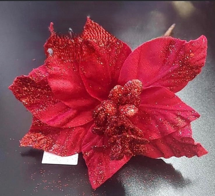 Flori Crăciun roșii cu sclipici 10/set