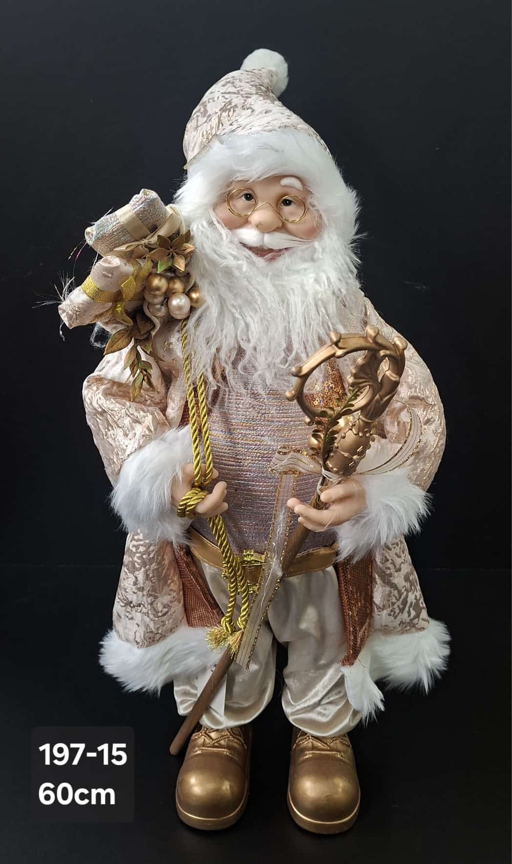 Figurină decorativă Moș Crăciun auriu cu toiag și sac de cadouri -  60cm