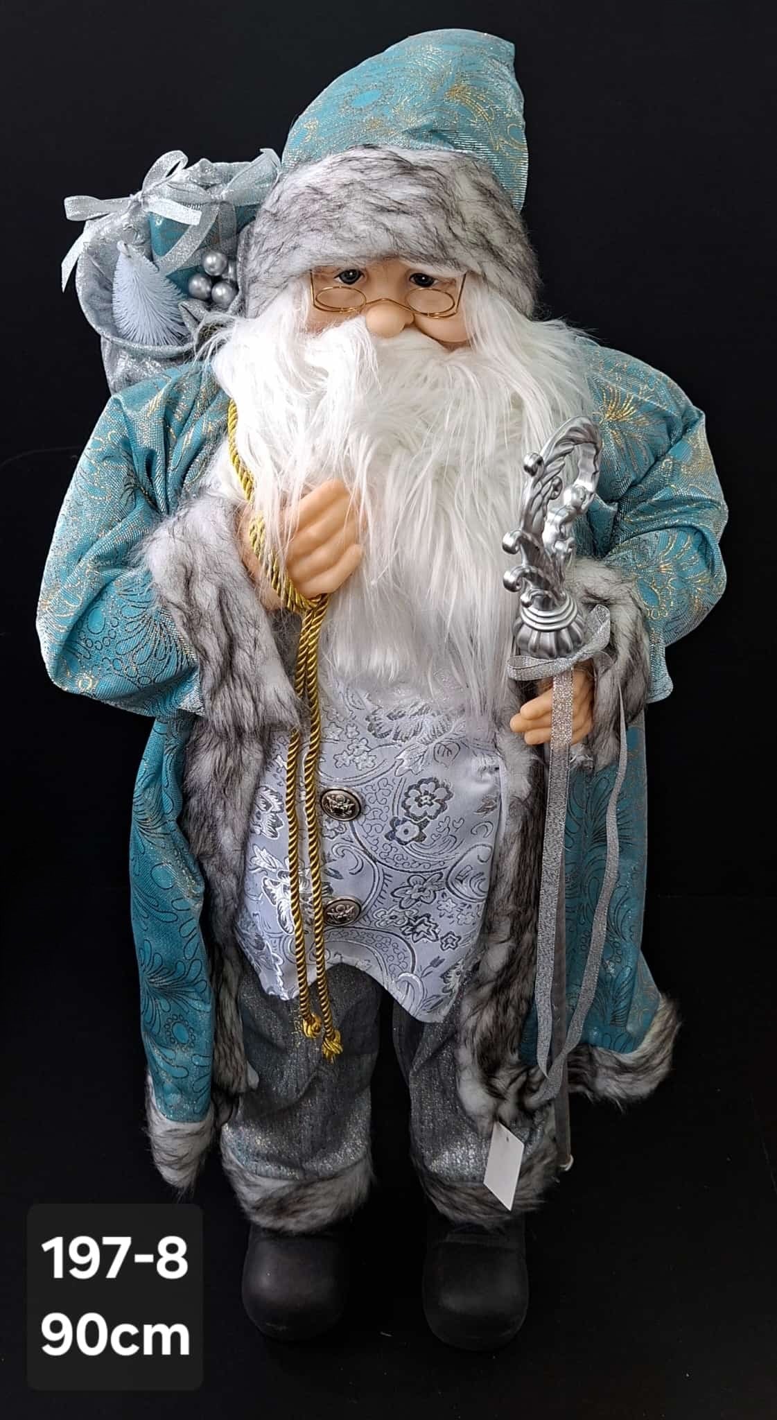 Figurină decorativă Moș Crăciun albastru cu toiag argintiu și sac de cadouri - 90cm