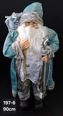 Figurină decorativă Moș Crăciun albastru cu toiag argintiu și sac de cadouri - 90cm
