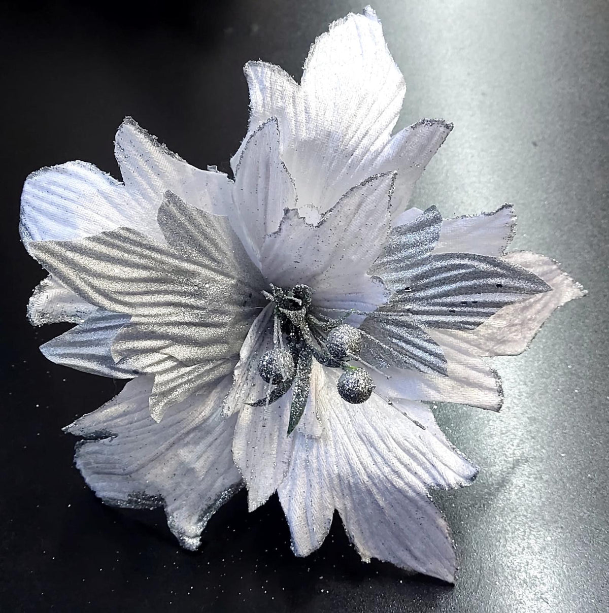 Flori Crăciun bleu-argintii cu sclipici 10/set