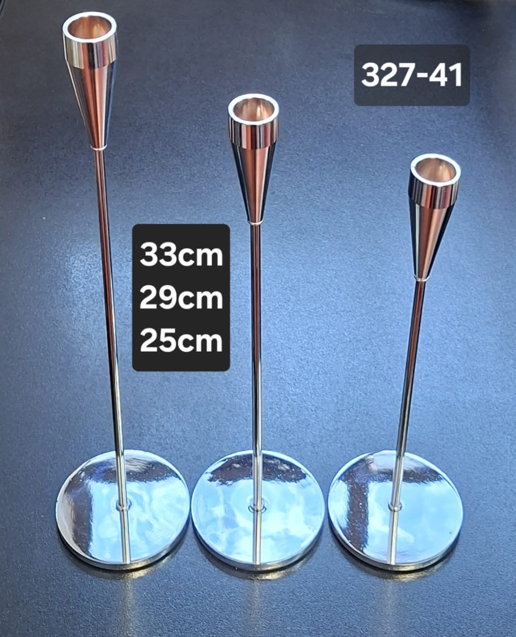 Set 3 sfeșnice metalice argintii – 33cm, 29cm, 25cm