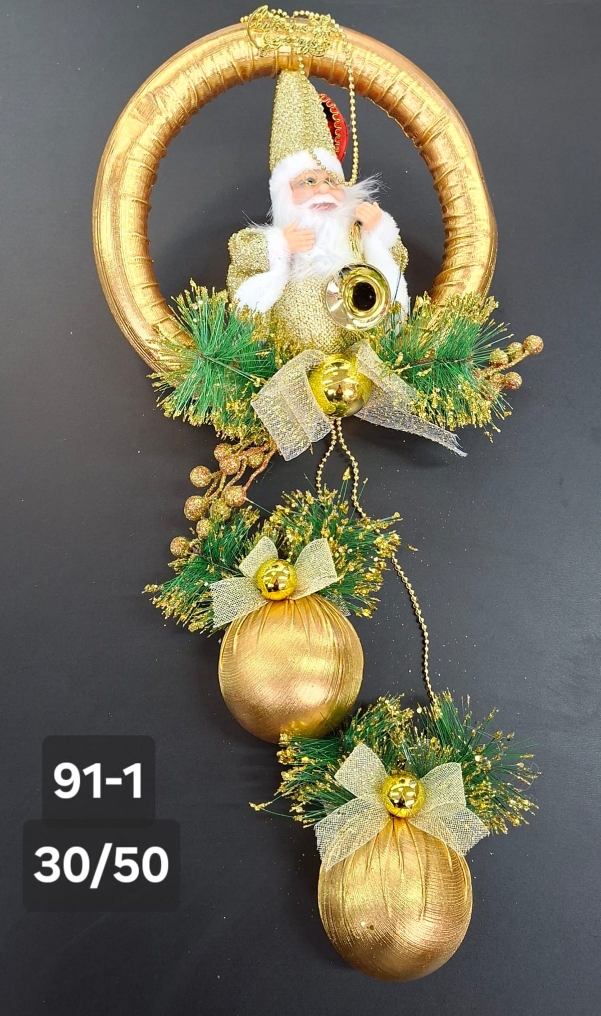 Coroniță Crăciun Moș Crăciun auriu cu globuri - 30/50cm