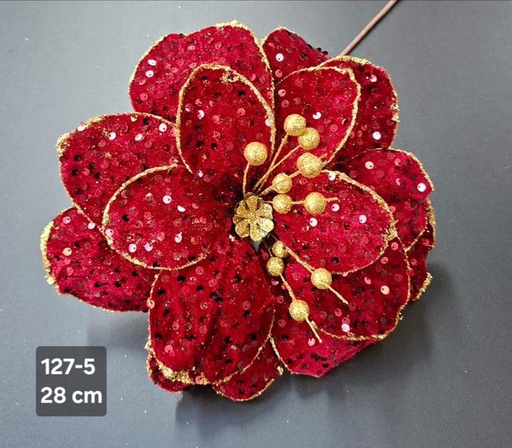 Floare decorativă de Crăciun roșie cu paiete și accente aurii – Ø 28cm, tijă 40cm