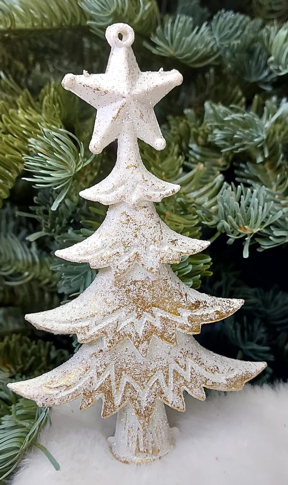 Brăduți decorativi albi cu sclipici auriu 14cm – set 10 bucăți