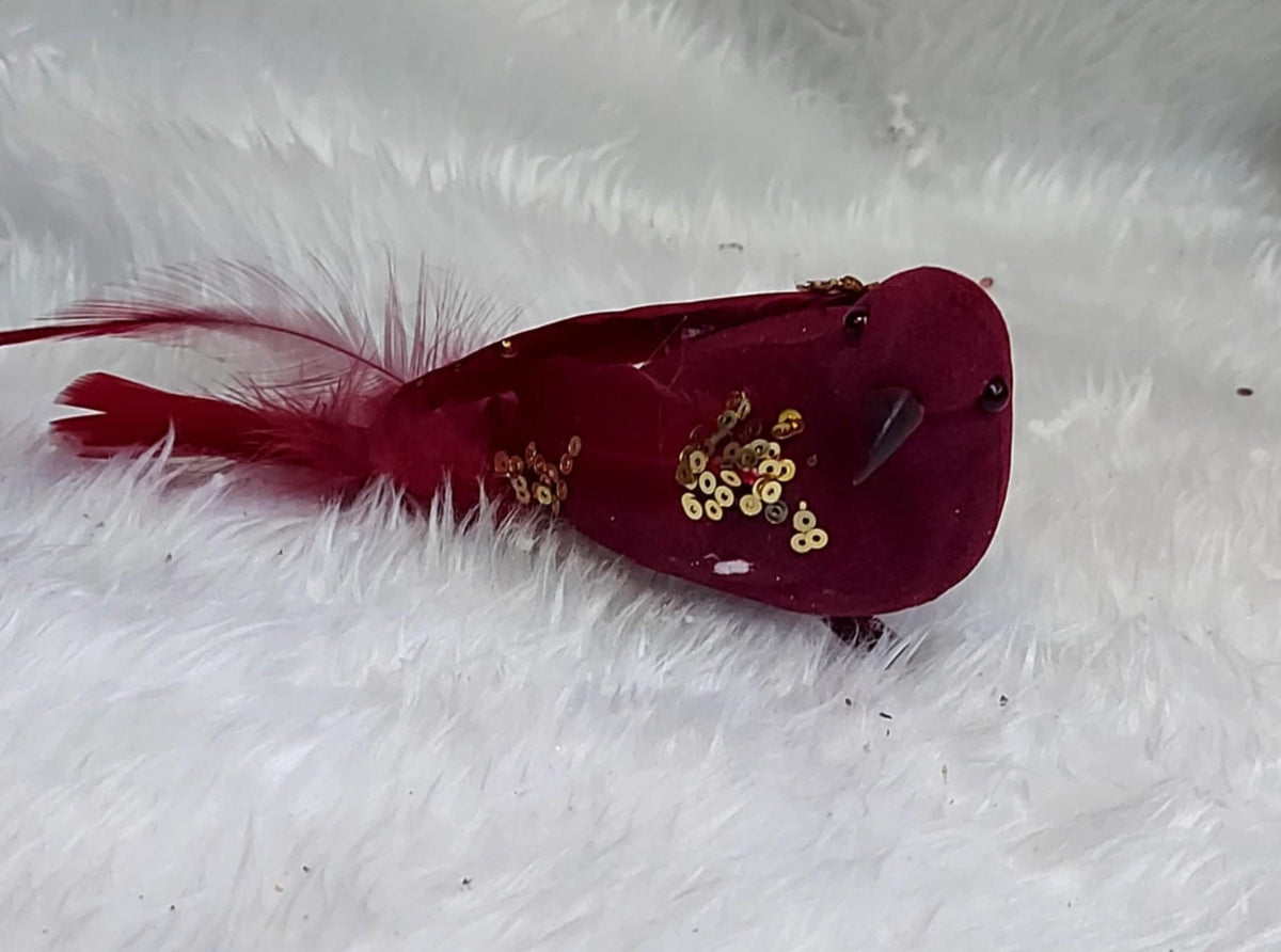 Ornament Crăciun Pasăre Bordo cu Pene și Paiete Aurii - 15cm 10/set