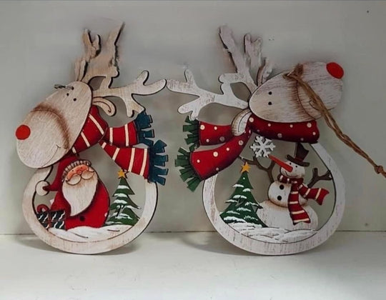 Figurină din lemn ren Crăciun – Moș și om de zăpadă 2/set 10cm