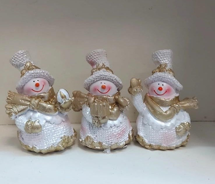 Omuleți de zăpadă – decor ceramic Crăciun alb-auriu 3/set 7cm