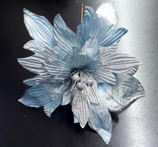 Flori Crăciun bleu și argintii cu sclipici 10/set