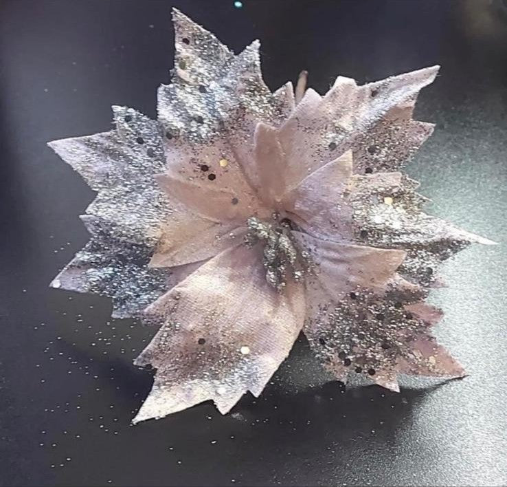 Flori Crăciun roz pudrat cu sclipici argintiu - 10/set