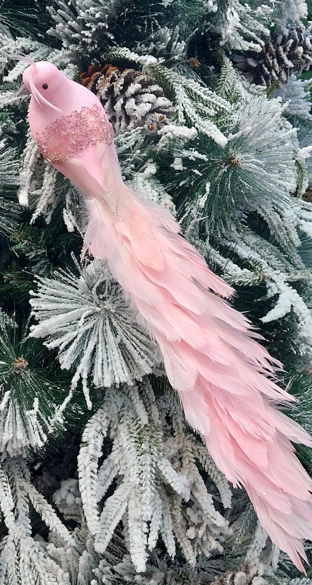 Ornament Crăciun Pasăre Roz cu Pene și Sclipici