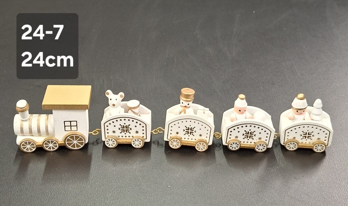 Trenuleț decorativ alb-auriu din lemn, Crăciun - 24cm