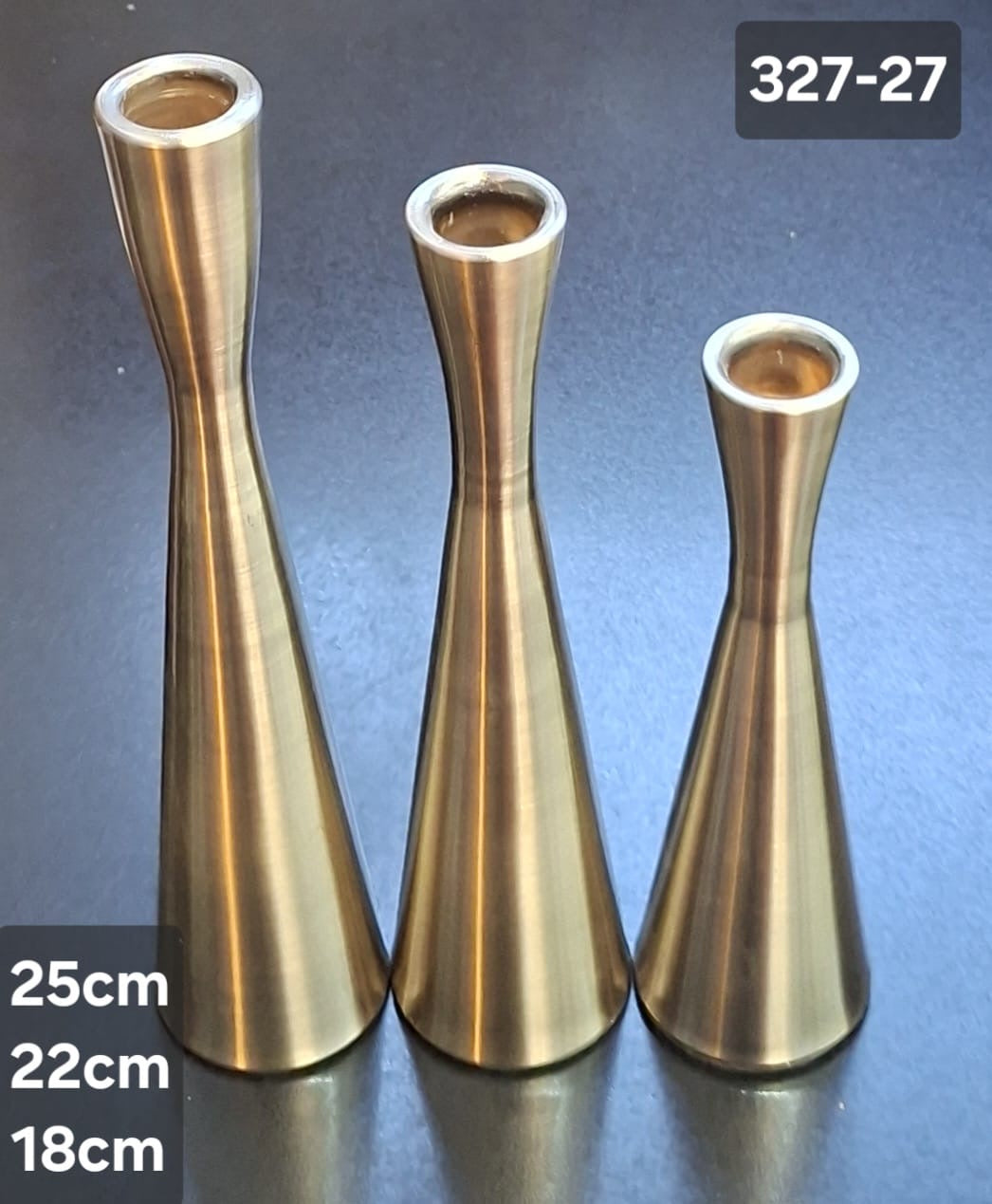 Set 3 sfeșnice metalice auriu sampanie  – 25cm, 22cm, 18cm