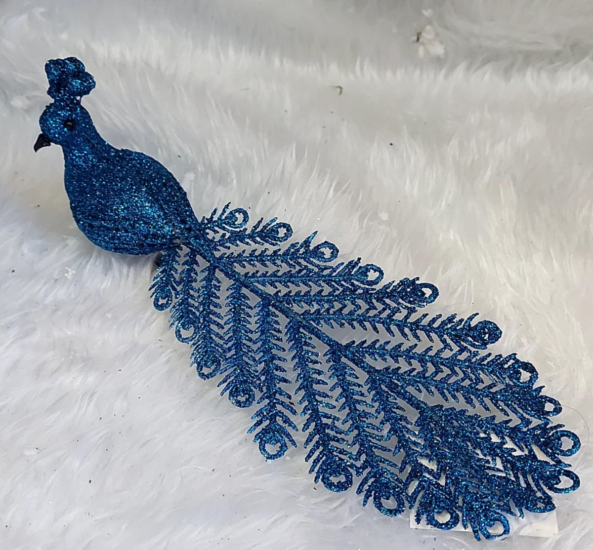 Ornament Crăciun Păun Albastru cu Coada Lungă Glitter - 20cm