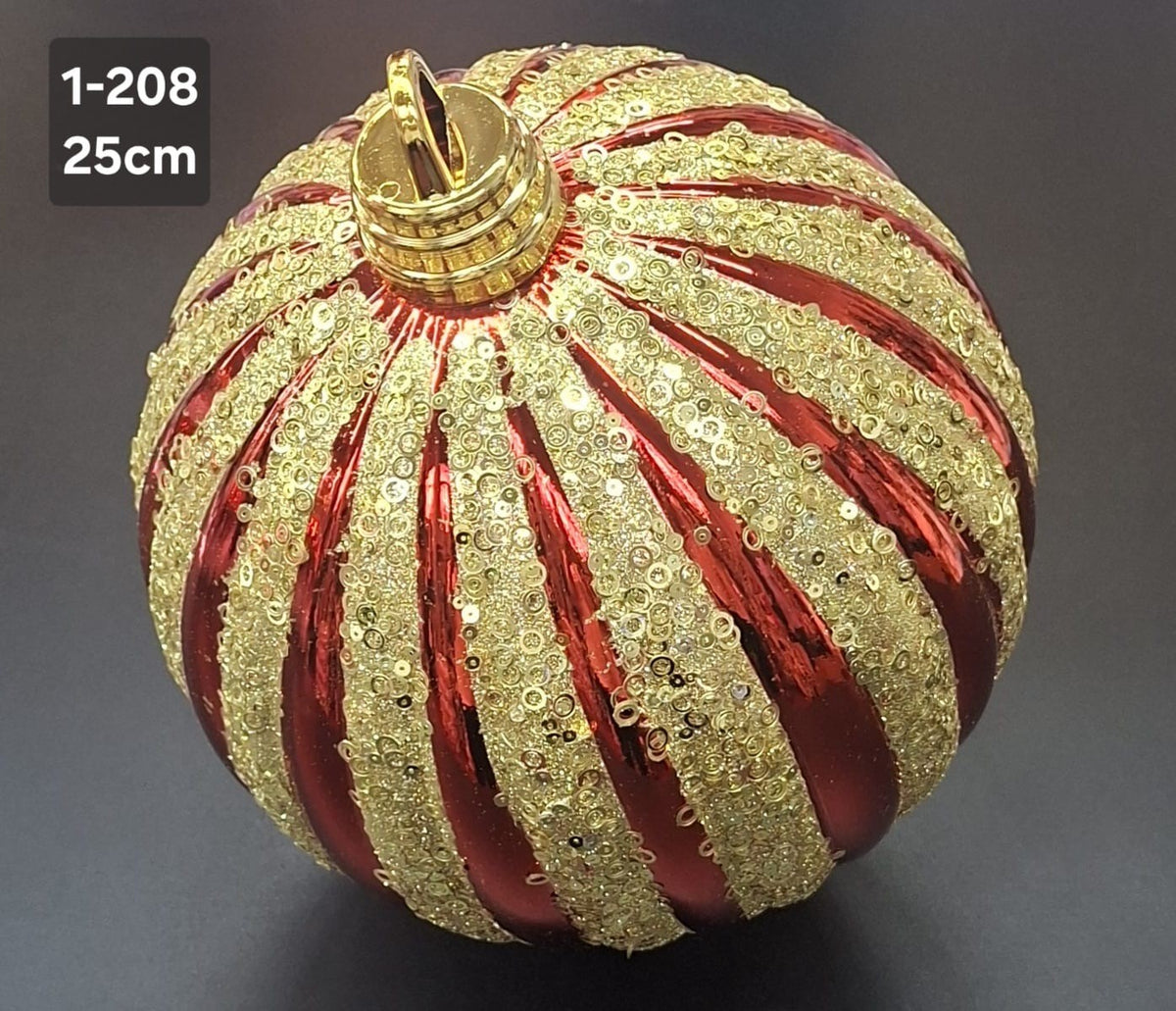 Glob de Crăciun Uriaș, Roșu Lucios cu Dungi Aurii, Sclipici și Paiete - 25cm