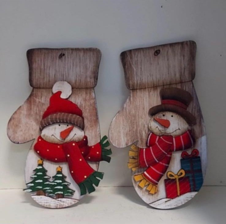 Mănuși decorative Crăciun – din lemn, cu om de zăpadă 4/set 14cm