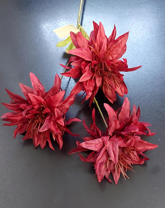 Fir de dalie artificială rosu inchis  – 3 flori mari, 60 cm