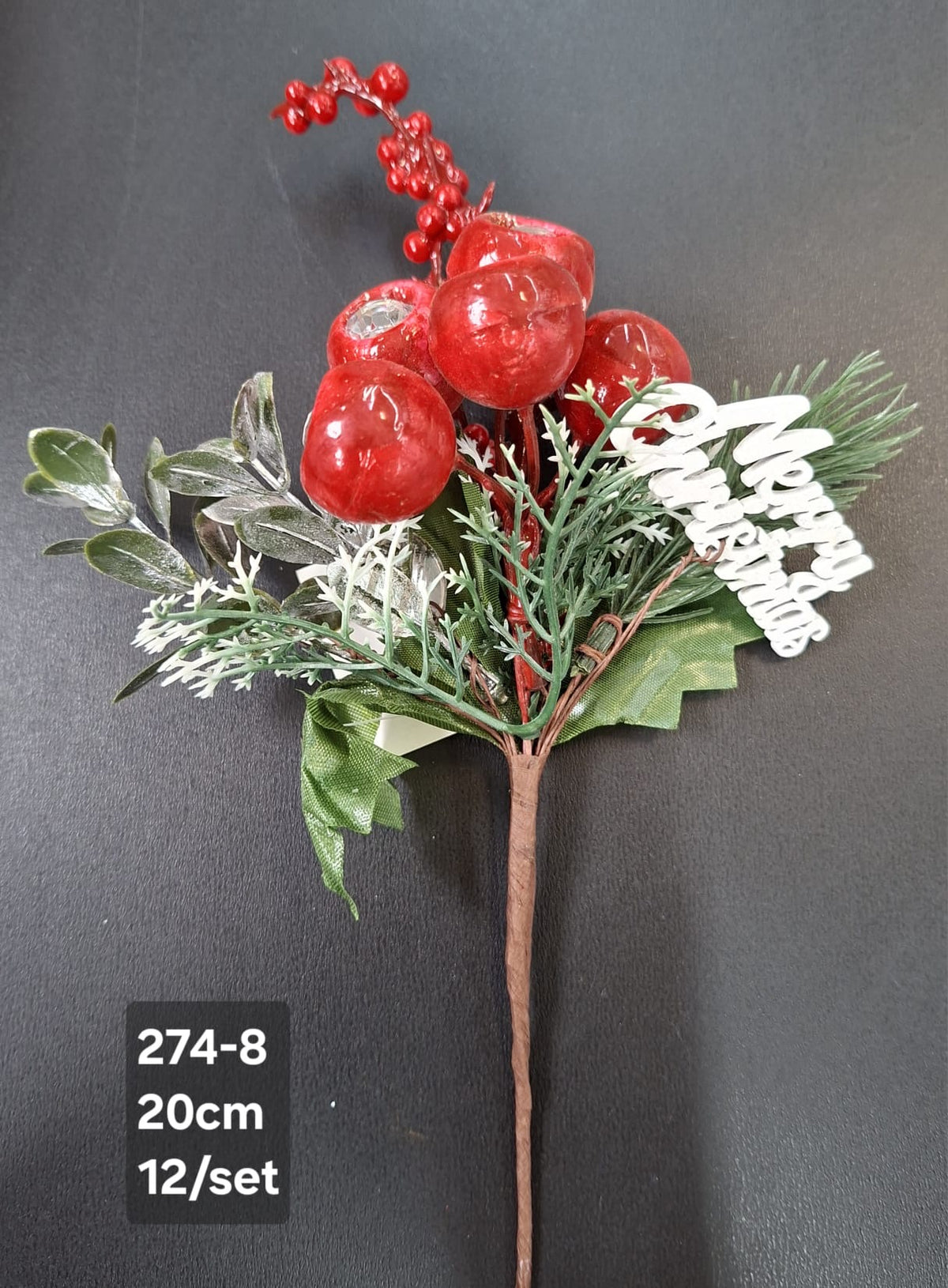 Crenguță artificială de Crăciun cu fructe și mesaj Merry Christmas – 20cm 12/set